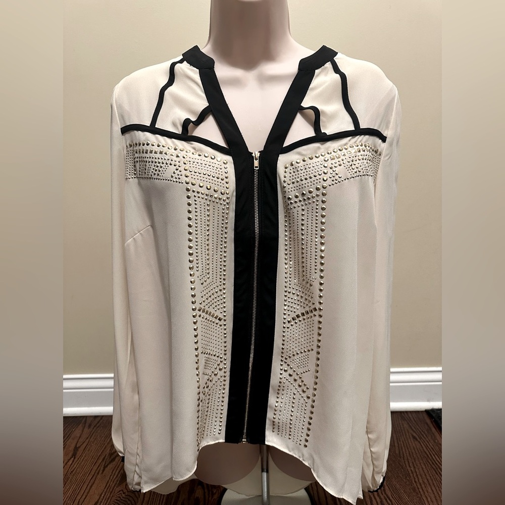 VENUS White and Black Embellished Cut Out Blouse size large